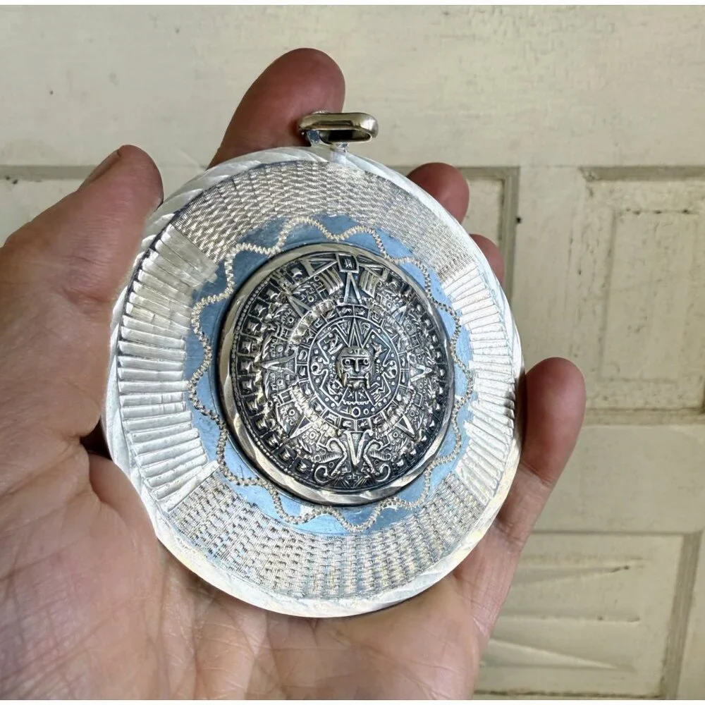 Vintage 60 925 silver Mexican Mayan Aztec Pendant Bernice Godspeed 70 grams - Picture 8 of 13